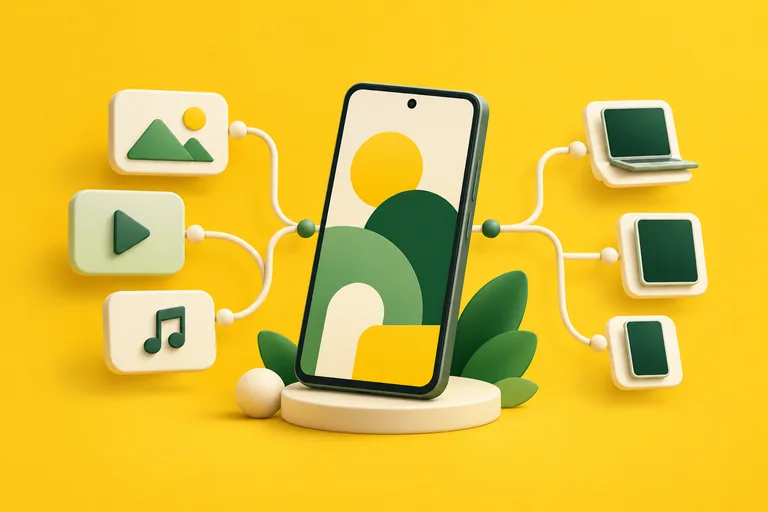 Editorial illustration of an Android-style phone with media and device symbols.