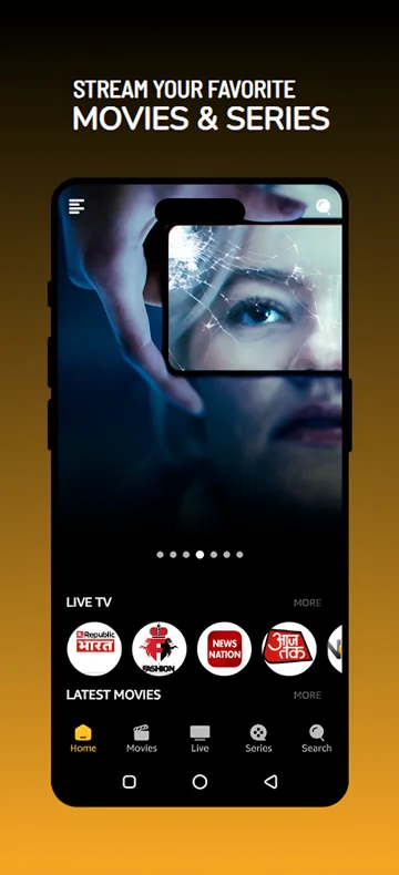 Publisher promotional image showing Picasso home, a live TV row and Home, Movies, Live, Series and Search tabs.